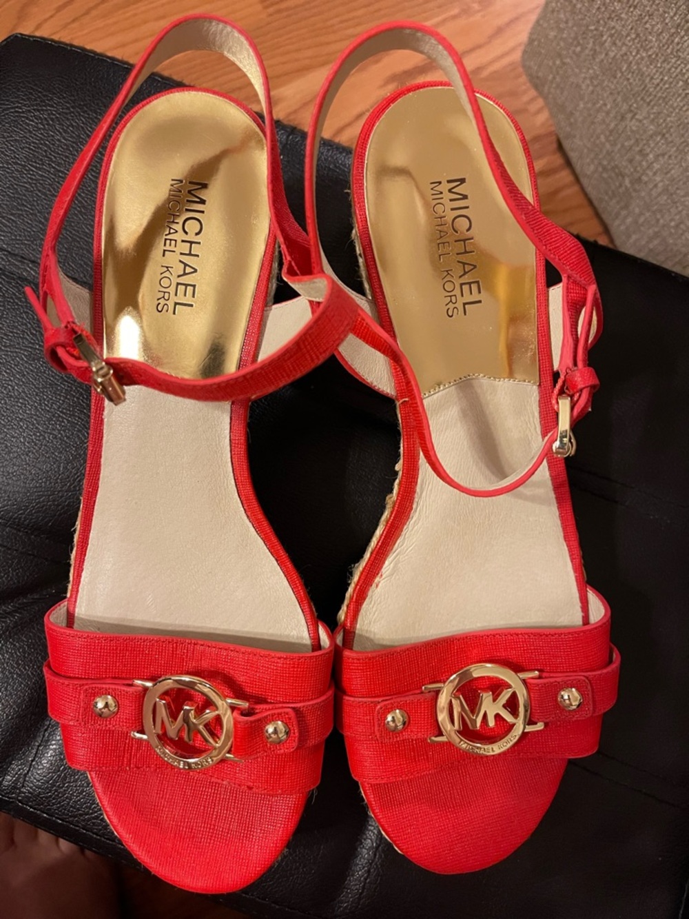 Michael Kors Red Canvas Espadrille Wedge Sandals with Gold Logo - Picture 2 of 5